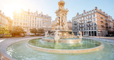 Morning view on Jacobins square and beautiful fountain in Lyon city, France
