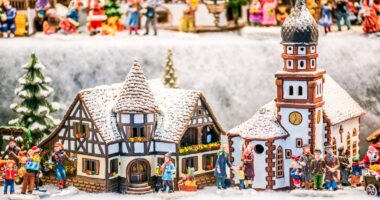 Salzburg, Salzburger Christkindlmarkt gingerbread houses Christmas Market decorations in Austria.