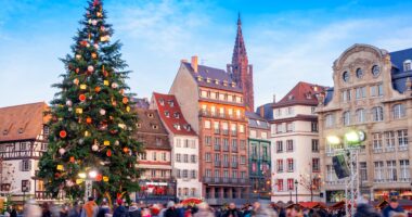 Ice Skating rink near the Cathedral in Strasbourg, France, Christmas Time