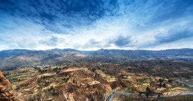 terrace, mountain and river in a sunny day