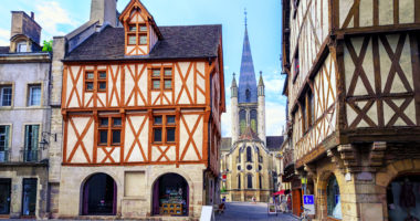 Tower of the Notre-Dame of Dijon church in the old town of Dijon, Burgundy, France