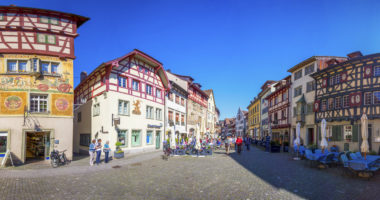 STEIN AM RHEIN, SWITZERLAND - July 2016 - Old city center of Stein am Rhein willage with colorful old houses, canton of Schaffhausen, Switzerland.