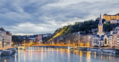 Saone river in Lyon city at evening,  France