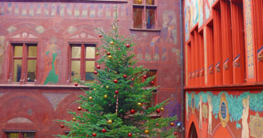 View of yard of the historic town hall with Christmas tree in the city center, Basel, Switzerland