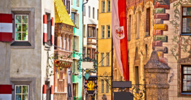 Historic street of Innsbruck view, alpine city in Tirol, region of Austria