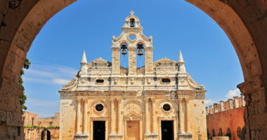 The main church of Arkadi Monastery, symbol of the struggle of Cretans against the Ottoman Empire, Rethymno, Crete, Greece.