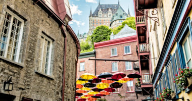 A Lot of Umbrellas in Petit Champlain street Quebec city, Canada