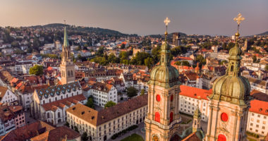 Beautiful Aerial View of St. Gallen Cityscape Skyline, Abbey Cathedral of Saint Gall in Switzerland