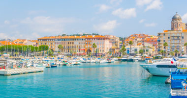 Marina in Saint Raphael dominated by church of our lady of the victory
