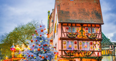 Colmar, France. Traditional Alsatian half-timbered houses Christmas  decorated city Colmar in Alsace.