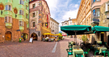 Historic street of Innsbruck panoramic view, alpine city in Tirol, region of Austria