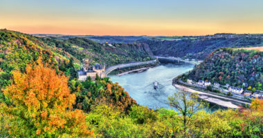 View of Katz Castle and the Middle Rhine Valley in autumn. Germany