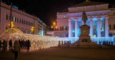 GENOA, ITALY, DECEMBER 11, 2017 - The tunnel of lights in De Ferrari Square of Genoa, Italy.