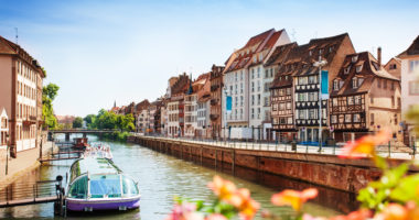 Beautiful cityscape of Strasbourg and the Ill river in spring, France, Europe