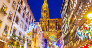 Festive Christmas illumination and decorations on streets of Strasbourg - capital of Christmas, Alsace, France.