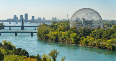 Montreal, CANADA - 19 September 2019: Biosphere & Saint-Lawrence River from Jacques-Cartier Bridge.