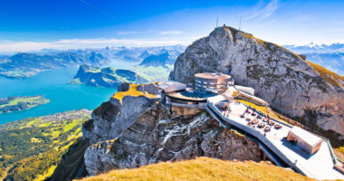 Pilatus Kulm mountain peak and Lucerne lake view, alpine peaks of Switzerland