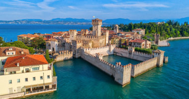 Aerial view to the town of Sirmione, popular travel destination on Lake Garda in Italy