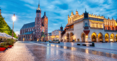 St. Mary's Basilica on the Krakow Main Square at Dusk, Krakow, Poland Keywords: krakow, poland, landmark, cityscape, medieval, church, square, gothic, polish, cathedral, tower, town, market, cracow, hall, main, city, europe, architecture, building, famous, sky, view, history, street, royal, ancient, dawn, rynek, destination, glowny, lanterns, illuminated, sunset, monument, european, exterior, landscape, basilica, summer, sunrise, blue, historical, sun, morning, historic, urban,dusk