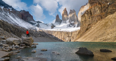 Hiker at Mirador Las Torres in Torres del Paine National Park, Chile, Patagonia, South America.