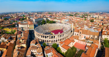 Verona Arena aerial panoramic view. Arena is a Roman amphitheatre in Piazza Bra square in Verona, Italy