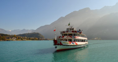 Brienz, Switzerland - Oct 18, 2018. Boat trips on Lake Brienz, Switzerland. The turquoise Lake Brienz are set amid the spectacular mountain scenery of the Bernese Oberland.
