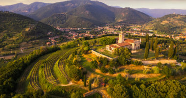 Aerial view of the Franciacorta countryside, Lombardy, Italy.