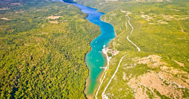 Aerial view of Limski kanal or Lim channel. Fjord in Istra region, Croatia
