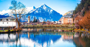 Scenic town of Interlaken and Alpine landscape view, Berner Oberland region of Switzerland