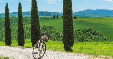 Cycling trip in the spring landscape of Tuscany.