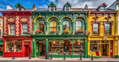 Vibrant Victorian-era facade of a family-owned hardware store in downtown Killarney, Ireland, featuring ornate ironwork, wooden accents, and colorful merchandise displays. Irlande