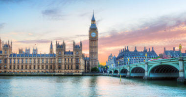 London, UK panorama. Big Ben in Westminster Palace on River Thames at beautiful sunset.