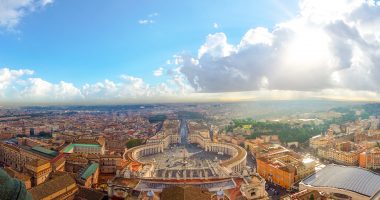 Rome, Italy with Vatican city. Famous Saint Peter's Square in Vatican and aerial view of the city with building and panorama ancient cityscape in the morning cloud and light.