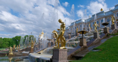Grand cascade .Peterhof Palace.  Saint-Petersburg, Russia- JUNE 3, 2015 